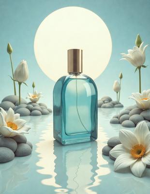 The primary subject of the image is a bottle of perfume, which is placed on a rock in a water setting. The setting appears to be a moonlit night, creating a serene and peaceful atmosphere. The visual style of the image is a combination of photo and digital art, giving it a unique and artistic appearance. The dominant colors in the image are blue and white, which are associated with the moon and water, respectively.